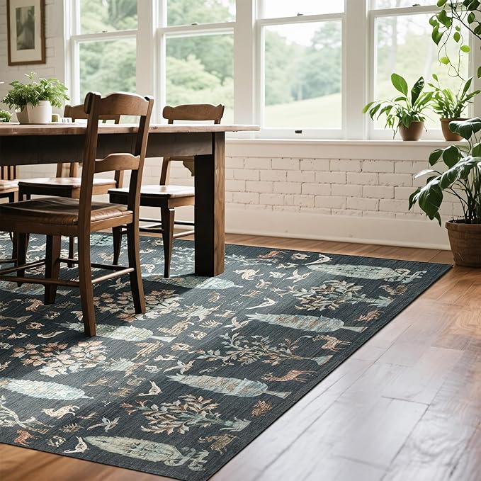 Srugn Washable Rugs 8x10 Area Rugs for Living Room,Bedroom,Dining Room- Large Ultra Soft Faux Wool Retro Carpet,Non Slip&Non-Shedding Low Pile Vintage Print Rug for Home Office Dorm-Dark Green