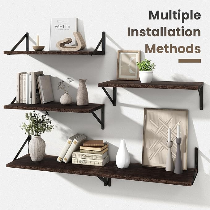 Marsmiles Deep Floating Shelves for Wall - 24 Inch Wide x 12 Inch Deep Wall Shelves Set of 2 - Rustic Wood Floating Shelves for Living Room Bedroom Bathroom