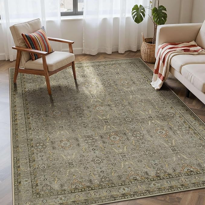 Rugxara 4x6 Rug for Living Room Bedroom, Washable Throw Rugs, Vintage Retro Boho Area Rugs, Non Slip & Low Pile Accent Throw Carpet for Indoor Dining Room, Kids Room and Office(Olive Brown 4x6ft)