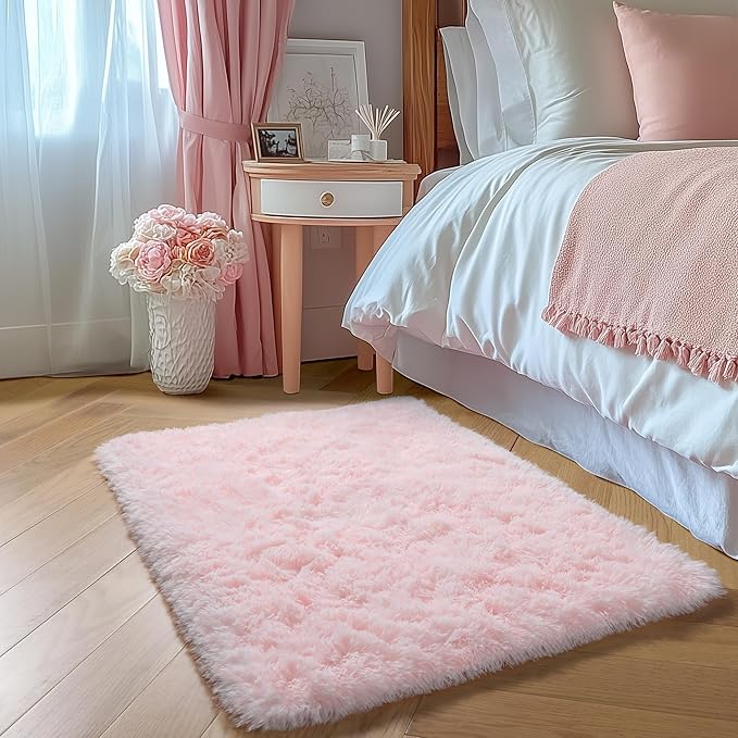 Amdrebio Pink 2x3 Mini Area Rugs for Girls Bedroom, Small Cute Fluffy Shaggy Soft Rug for Kids Room Decor, Shag Fuzzy Throw Floor Carpet for Door Entryway Reading Corner Baby Nursery Preppy Dorm
