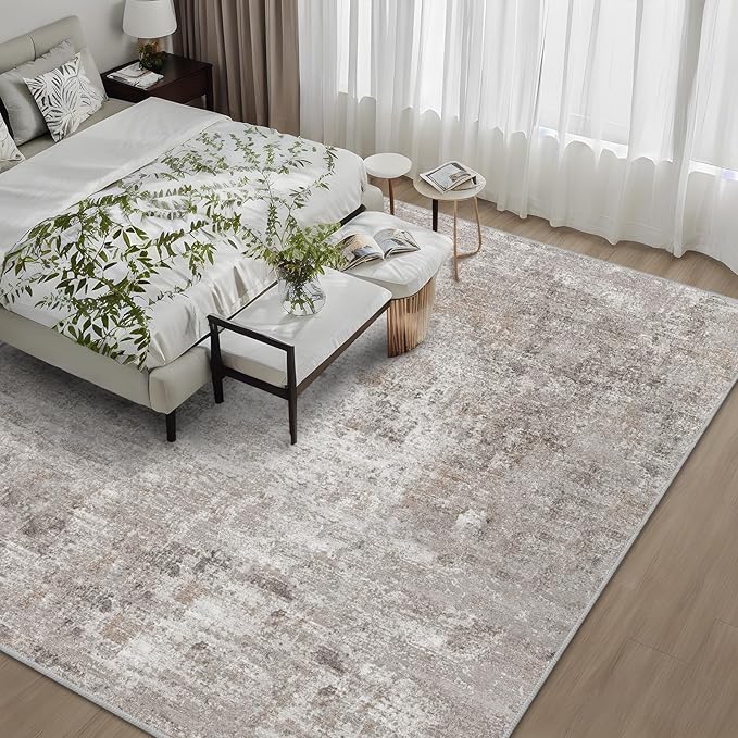 10x10 ft Square Living Room Rug – Washable Modern Abstract Area Rug for Bedroom, Dining Room, Playroom – Neutral Non-Slip Low-Pile Thin Indoor Carpet (Beige Grey)