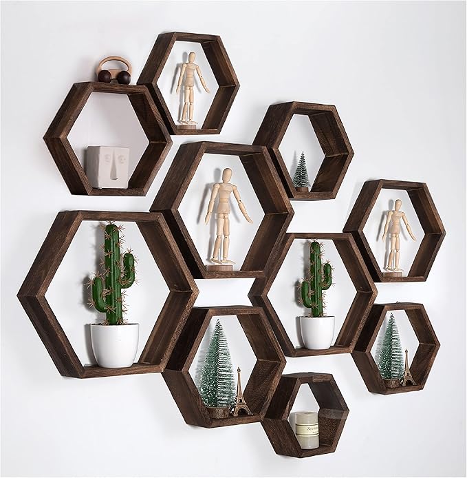 WONFUlity Hexagon Floating Shelves Honeycomb Shelves Wood Farmhouse Storage Wall Shelf for Bathroom, Kitchen, Bedroom, Living Room, Driftwood Finish Wall Decor