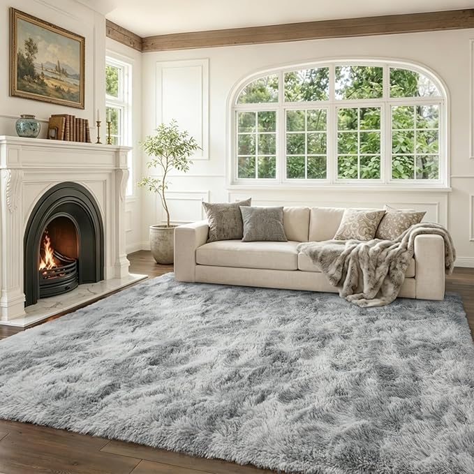 8x10 Ft Extra Large Shag Rugs for Living Room, Tie Dyed Ultra Soft Fluffy Furry Area Rugs for Bedroom Indoor Floor, Aesthetic Carpet for Kids Home Decor (Grey)