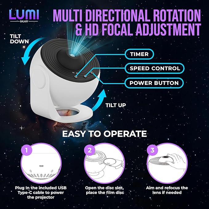 Lumi Galaxy Projector – Star Projector Galaxy Light with 12 HD Film Discs, 360° Rotating Planetarium Room Lights for Bedroom Ceiling, Night Lights for Kids, Northern Lights Projector