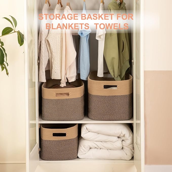 96L XL Large Cotton Rope Basket, Soft Toy Storage Bin for Nursery & Living Room, Decorative Blanket Basket for Bedroom, Baby-Safe Organizer for Pillows &Laundry, 24''×16''×15'', Brown & Black