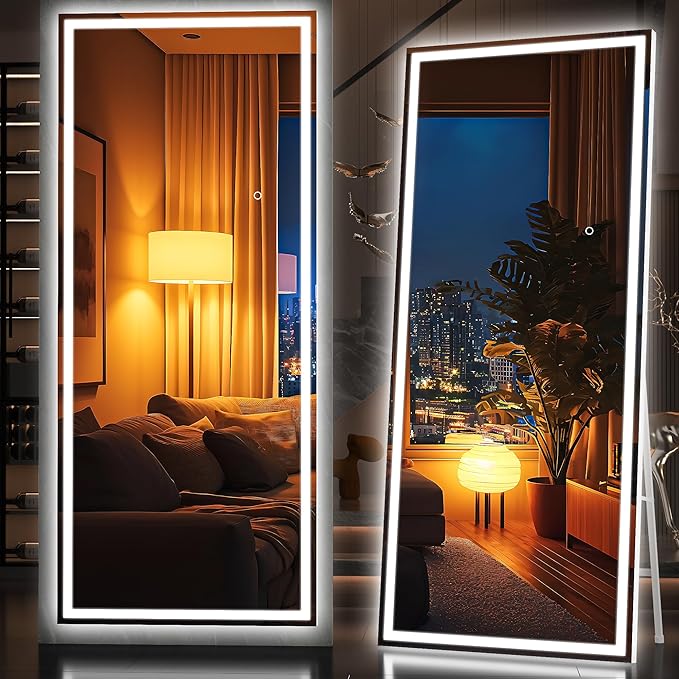 Hasipu Full Length Mirror with Lights, 75" x 28" LED Lighted Floor Standing, Full Body Dressing Hanging Mounted Mirror, Tempered Glass, Square White