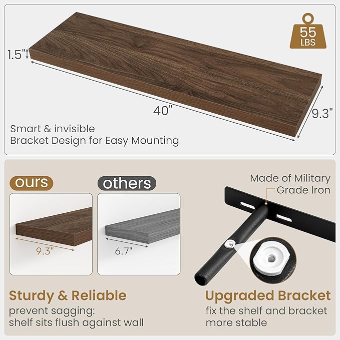Fun Memories 40" W x 9.3" D Floating Shelves for Wall, Deep Long Floating Shelf for Home Bathroom, Bedroom, Living Room, Rustic Wood Wall Mounted Shelves for Books Decor, Walnut