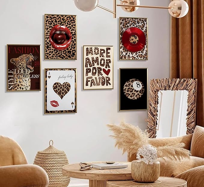 6pcs Fashion Leopard Wall Art Prints Leopard Lucky 8 Ball Poster Ace of Hearts, Spades Poker Canvas Prints Vintage Preppy Room Aesthetic Cheetah Wall Decor for Teen Girls Bedroom Dorm Apartment Living Room Decor Unframed