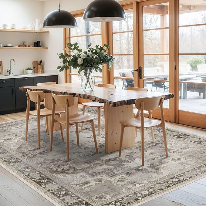 Rugxara 5X7 Washable Area Rug for Living Room, Vintage Large Boho Rugs for Office, Dining Room, Kids Room, Farmhouse, Durable Low Pile Non Slip Carpet for High Traffic Areas, Brown