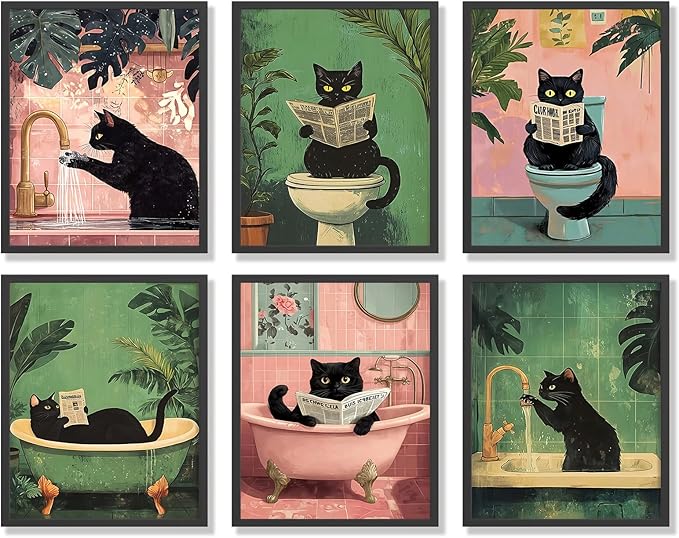 KBKBART Funny Cat Bathroom Wall Art Prints Poster, Black Cat Pictures Bathroom Canvas Wall Decor Toilet Art Vintage Painting Artwork Set of 6 Unframed Posters, 8x10 inches