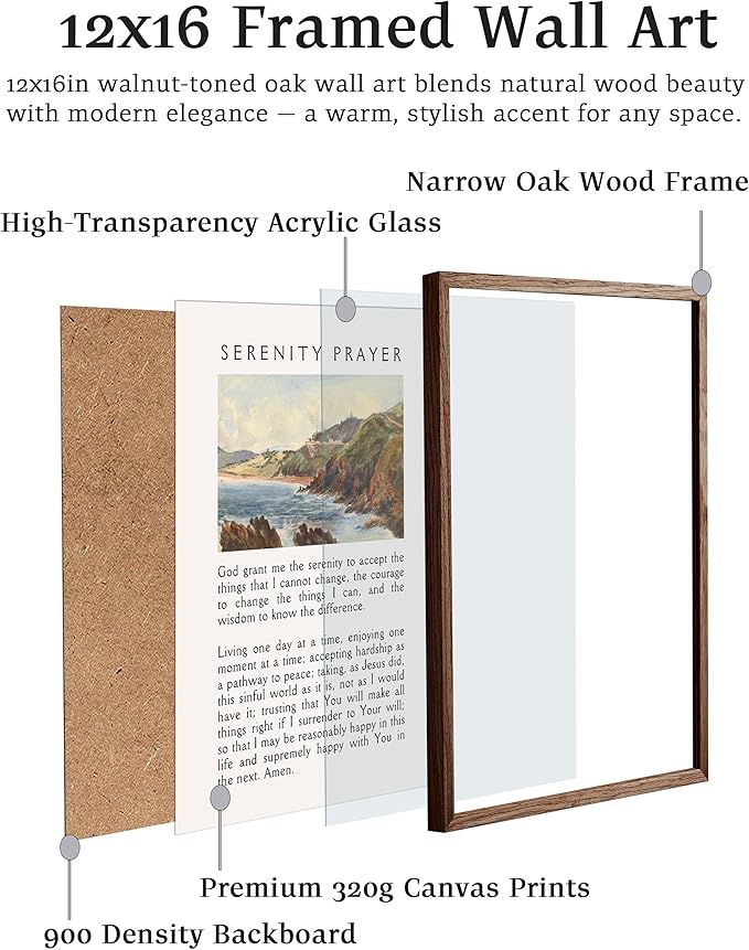 EcoHest Walnut Color OAK Wood Jesus Framed Wall Art, 12x16in Serenity Prayer Bible Verse Christian Wall Art, Modern Bedroom Religious Decor For Living Room Bathroom Christian Merch Gift 1Pack