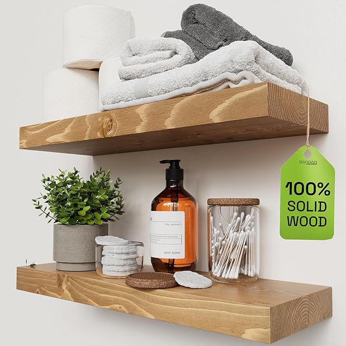 BAOBAB WORKSHOP Natural Wood Floating Shelves for Wall 20 Inch Wide, Solid Wooden Shelf 20 In, Bathroom Shelves for Room Wall Mounted Kitchen Rustic Farmhouse, Oak Floating Shelf, 20W × 6.7D, Set of 2