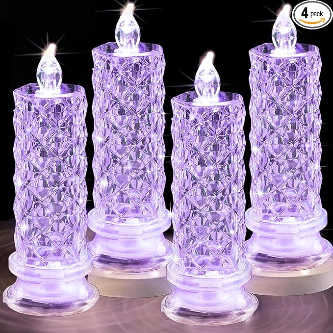 SupBri LED Candles, 4Pack Battery Operated Candles with Rose Light Halo, Romantic Flameless Pillar Candles for Valentines Halloween Decorations(Purple, D 2.5" x H 7.2")