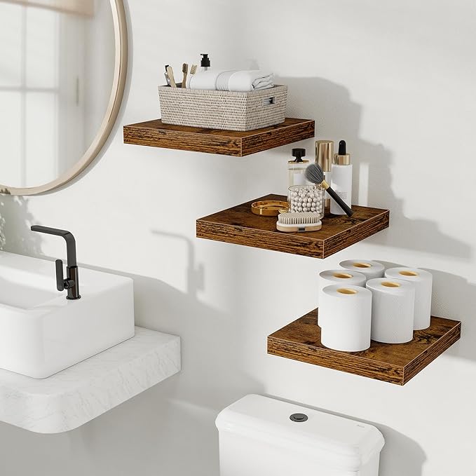 Fun Memories Floating Shelves for Wall, Rustic Wood Wall Mounted Shelves for Bathroom, Bedroom, Living Room and Kitchen, Storage & Home Decor (Set of 3, Brown, 12 in)