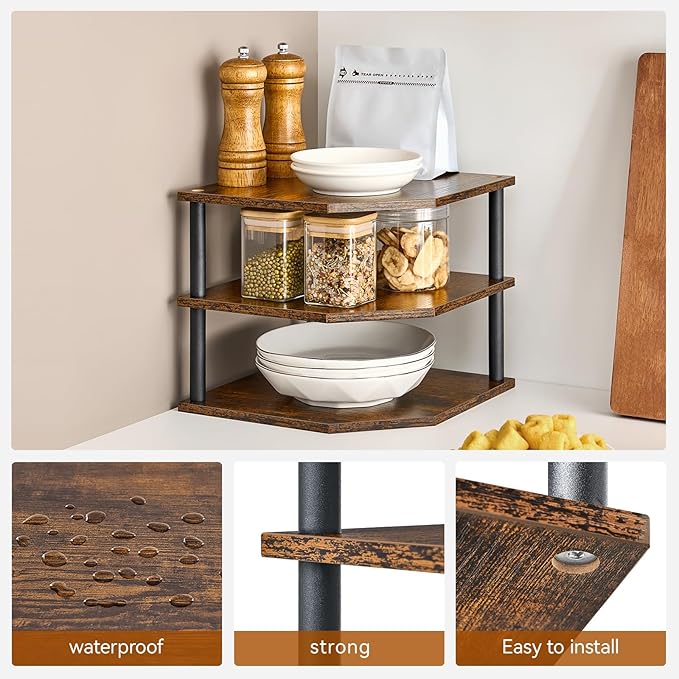 Wooden 3-Tier Corner Shelf, Kitchen Countertop Dish & Bread Organizer Counter Stand Storage for Desktop Bedroom Bathroom Small Space Counter Decor