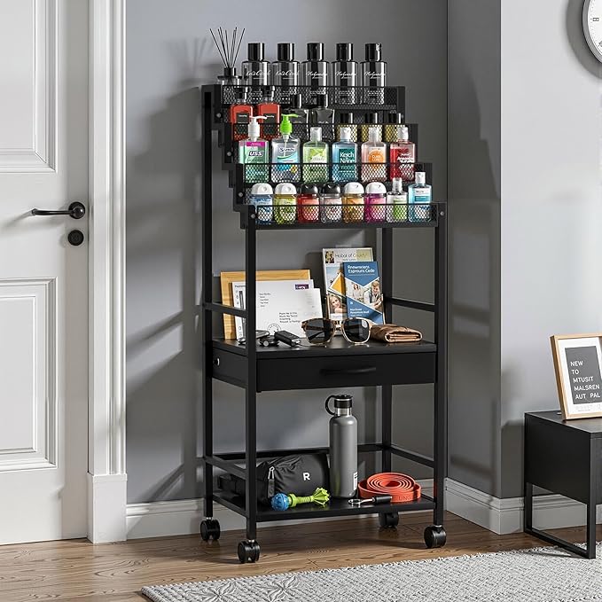 4-Tier Men's Cologne & Accessory Organizer with Drawer & Wheels, Sleek Industrial Wooden & Metal Perfume Display Rack for Cologne Bottles, Aftershave & Grooming Essentials, Multi-Functional Fragrance Storage Stand, Black