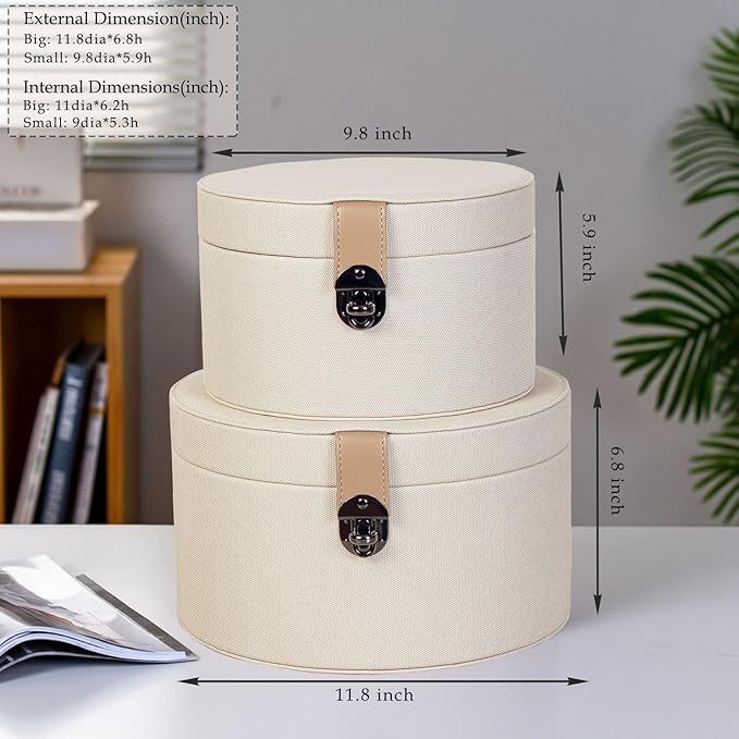 Set of 2 Round White Faux Leather Decorative Boxes with Lid for Home Decor