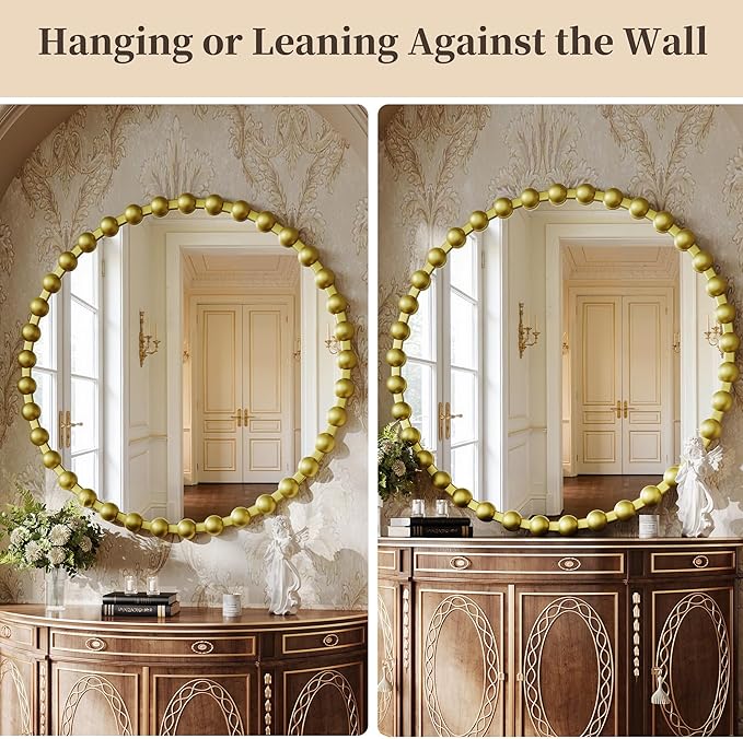 Round Vanity Mirror for Wall, 36 Inch Beaded Frame Circle Mirror for Bathroom, Bedroom Dresser, Entryway, Living Room, Decorative Hanging Wall Mirror, Gold