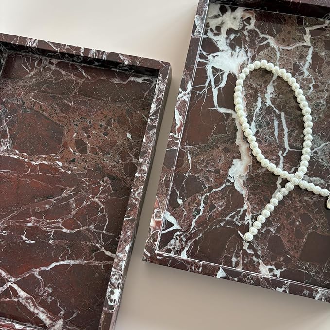 Natural Marble Vanity Tray, Cosmetics Towel Tray for Dresser Bathroom Kitchen (Rosa Levanto, 11.8L x 7.87W x 1.18H)