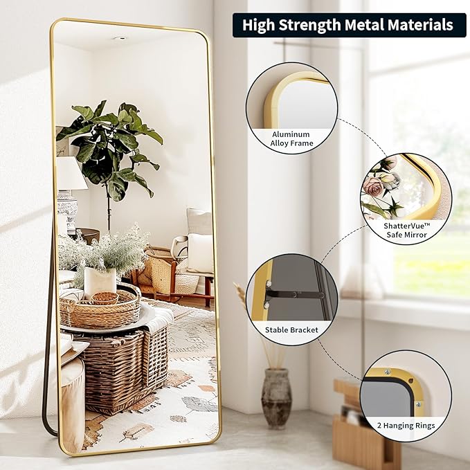 XRAMFY Full Length Mirror 23"x66", Large Floor Mirror with Rectangle Rounded Corners, Gold Aluminum Alloy Frame, Wall Mirror for Full Body