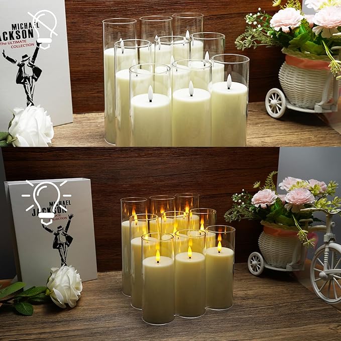 kakoya Flickering Flameless Candles Battery Operated with Remote and 2/4/6/8 H Timer Plexiglass Led Pillar Candles Pack of 9(D2.3 xH5.5 6.5" 7.5") with Realistic 3D Wick Candles for Home Decor(Ivory)