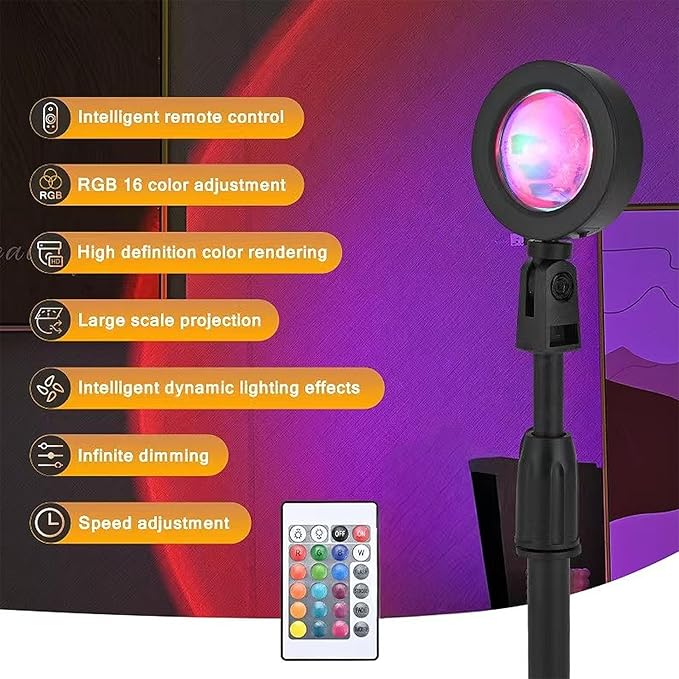 Sunset Table Lamp Projector with Remote, 16 Colors Adjustable 180° Rotation Sunlight with 4 Lighting Modes, USB Charging LED Night Light for Bedroom, Living Room, Photo Selfie Party, Photography