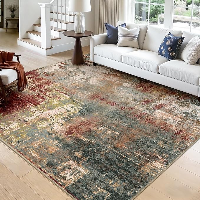 RELEANY Washable Area Rugs Square 9ft Non-Slip Modern Abstract Soft for Living Room Entryway Bedroom Nursery, Print Pattern, Brown Rust Red Green Blue Multi