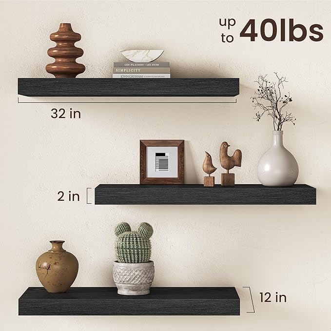 32Inch Black Floating Shelves for Wall, 12 Inch Deep Shelves for Bedroom, Kitchen, Bathroom Wall Mounted, Rustic Wood Floating Shelf with Invisible Brackets for Books, Storage, Decor, 2 Packs