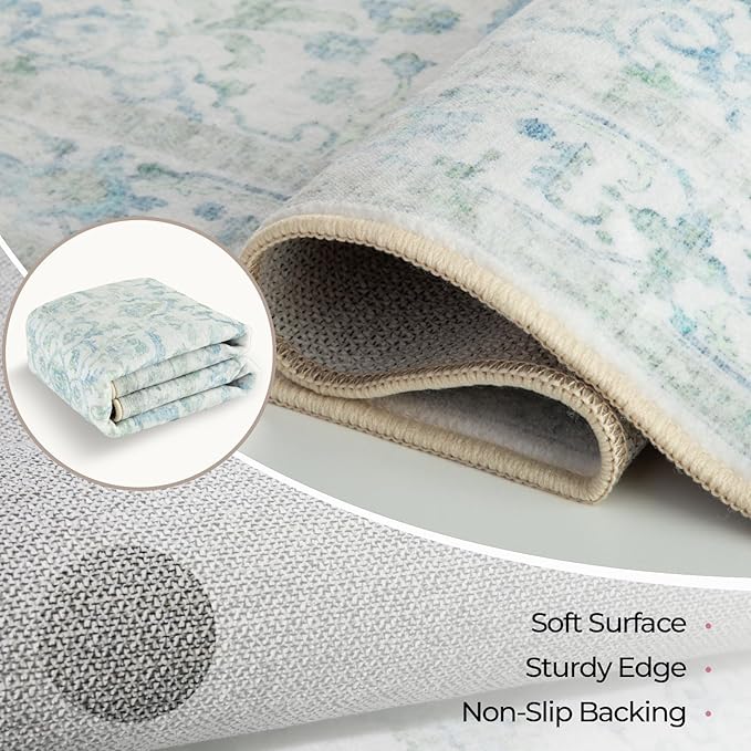 CAPALOCA Machine Washable Rugs Nursery Rug Sq4ft Cute Girl Non Slip Low Pile Water Repellent Soft Print Pattern for Bedroom Indoor Decor Kids Playroom Green Blue