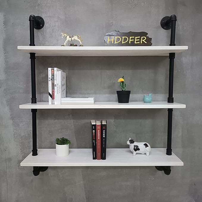 HDDFER Industrial Pipe Shelving Rustic White Pipe Wall Shelves Bathroom Shelves with Wood Planks Industrial Floating Shelves 30 Inch Farmhouse Bookshelf Pipe Shelves Wall Mounted