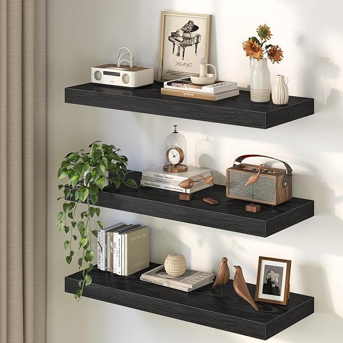 32Inch Black Floating Shelves for Wall, 12 Inch Deep Shelves for Bedroom, Kitchen, Bathroom Wall Mounted, Rustic Wood Floating Shelf with Invisible Brackets for Books, Storage, Decor, 2 Packs