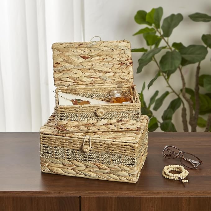 2PCS Wicker Storage Baskets with Lids Decorative Bohemian Handmade Rattan Boxes Natural Water Hyacinth Seagrass Paper Rope Woven Bins Shelf Container Memory Keepsake Photo Makeup Organizer