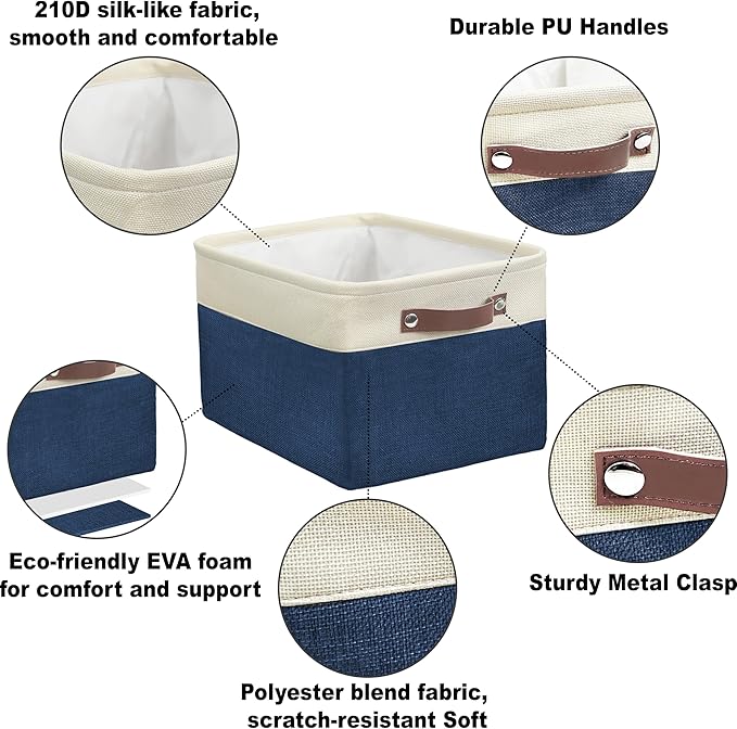 Simple Houseware Large Fabric Storage Bin, 15" x 11" with Leather Like Handles, 3 Pack, Steel Blue