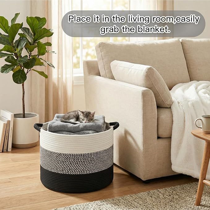 Artfeel 100L Large Cotton Rope Basket, Decorative Woven Blanket Storage for Living Room, Boho Toy Storage & Toy Box for Kids, Versatile Laundry Basket & Nursery Hamper for Blankets(Black)
