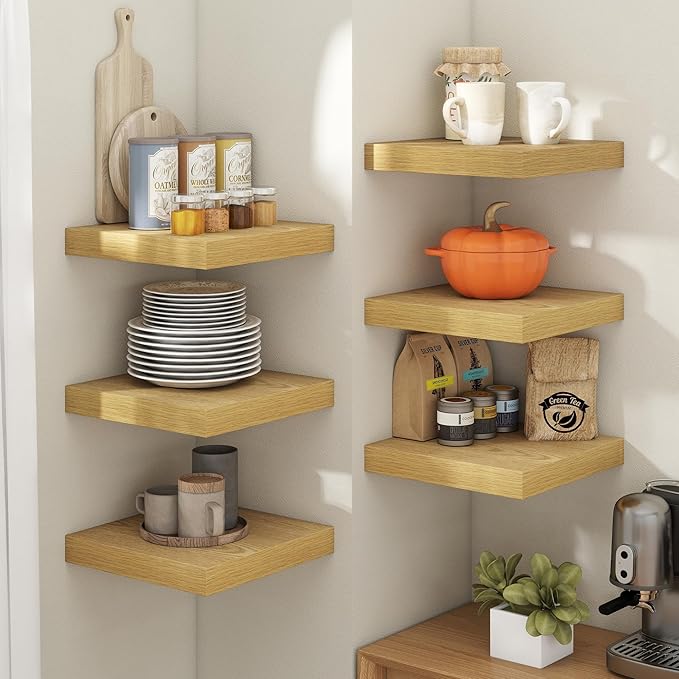 12 Inch Floating Shelves for Wall with Invisible Brackets Set of 3, 12"D Engineered Wood Wall Shelves with Wood Grain for Living Room, Bedroom, Bathroom, Kitchen Decor and Storage, Oak Finish
