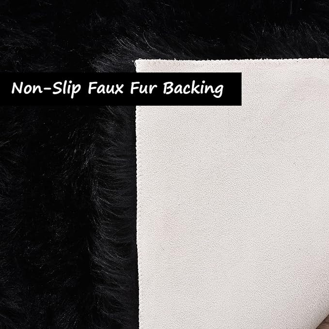 Goolela Black Fluffy Faux Fur Rug 2x3 Black Fuzzy Furry Sheepskin Rug Small Carpet for Bedroom Dorm Bathroom Washable Rectangle