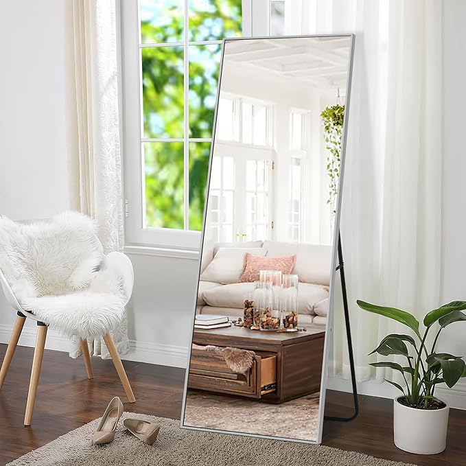 NeuType Full Length Mirror, 64"x21" With Stand - Floor or Wall-Mounted, Hanging or Leaning - Aluminum Alloy Thin Frame (Silver)