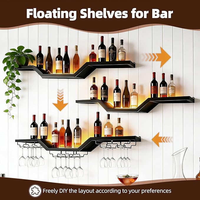 39.4" Large Modern Wall Mounted Wine Rack with LED Light, 3-Tier Floating Bar Shelves, Large Bar Shelf with Wine Glass Rack, for Home Bars and Restaurants, Black