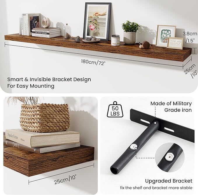 Fun Memories 72 Inch Fireplace Mantel Shelf, 10 Inch Deep Shelves for Display & Wall Storage, Rustic Wood Wall Shelf, Extra Long Floating Shelves for Living Room Laundry Room, Rustic Brown, Set of 1