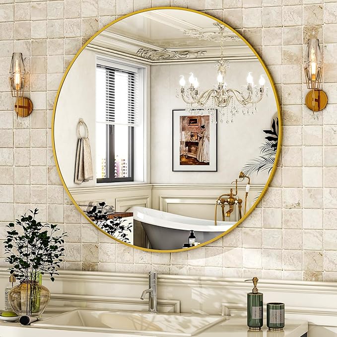 HARRITPURE 28" Round Mirror - Gold Bathroom Mirror Circle Wall Mirror with Brushed Aluminum Alloy Frame Modern Decor for Living Room, Vanity, Bedroom, Entryway