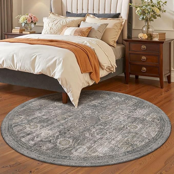 Rugxara 4ft Circle Rug, Soft Round Rug, Washable Non Slip Boho Area Rug for Living Room, Bedroom, Dining Room, Entryway, Round Rugs for Home, Patio, Office, Kids Room, Coral(Grey/Taupe)