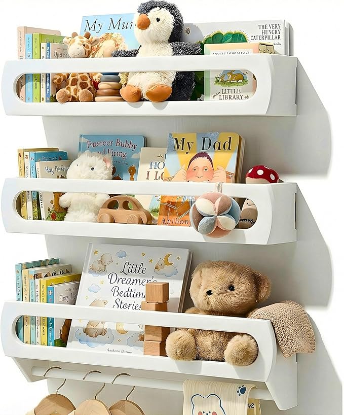 Nursery Shelves for Wall, Premium Bamboo Wood, Fully Assembled - Nursery Book Shelves, Book Shelf for Kids Rooms, Multi-Use Floating Shelves for Wall, Set of 3 (White, 23 Inches)