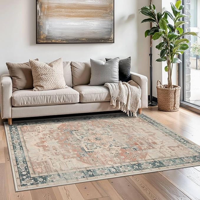 Rugxara 3x5 Orange Washable Entryway Rug, Non Slip Boho Runner Rugs for Hallway, Entrance, Kitchen, Bathroom, Laundry Room, Soft Entryway Carpet, Throw Low Pile Retro Imitation Wool Carpet, Coral