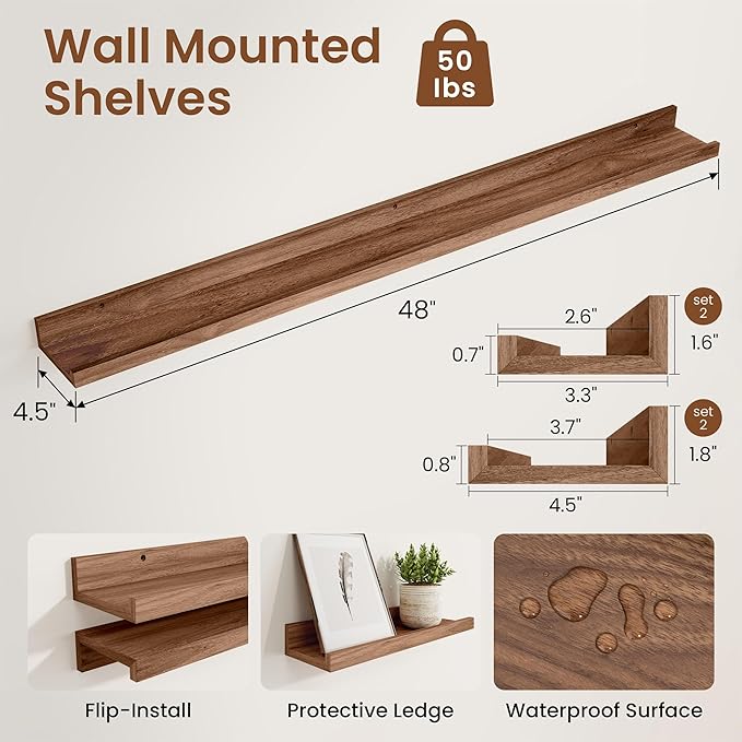 Heimlove Picture Ledge Shelf,48 inch Long Floating Shelves for Wall Set of 4,Picture Shelf with Lip for Wall Decor,Living Room,Bedroom,Bookshelf,Nursery,Perfume,Walnut Color