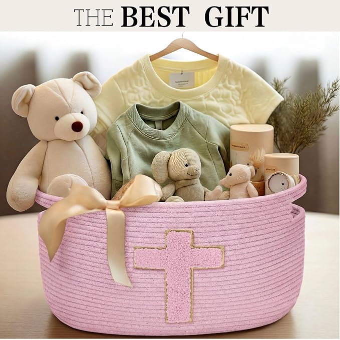 Sliner Baptisms Gifts Basket with Handles, Baptisms Cross Design Cotton Rope Basket Gifts Stuffers Storage for Christenings First Communions Religious Occasions, 15 x 10 x 9 Inch(Pink)