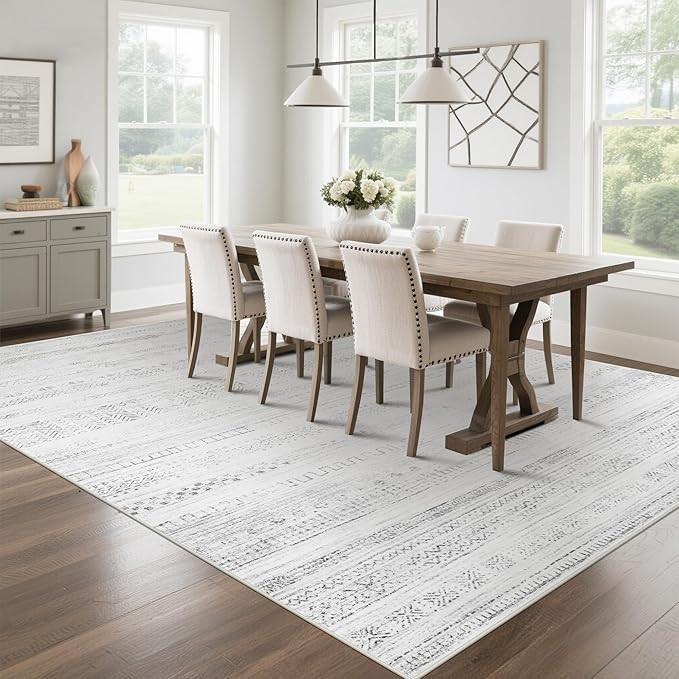 Srugn Moroccan Washable Rugs 8x10 Area Rugs for Living Room,Bedroom,Dining Room- Large Ultra Soft Faux Wool Retro Carpet,Non Slip&Non-Shedding Low Pile Vintage Print Rug for Home Office-(Gray-White)