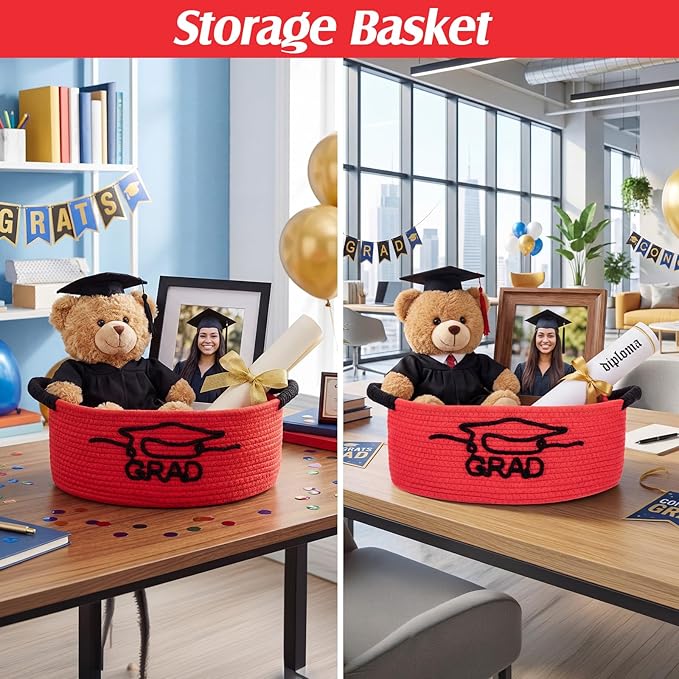 Colingmill 2026 Graduations Gift Basket Empty to Fill, Woven Rope Basket 15" x 11" x 6" Decorative Storage Baskets with Gift Bag, Bow, Tissue Paper & Year Charm(Red,Black,Graduation)