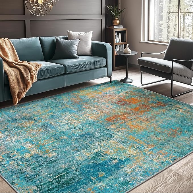 RELEANY Washable Area Rugs 5'x8' Non-Slip Modern Abstract Soft for Living Room Entryway Bedroom Nursery, Print Pattern, Teal Blue Green Orange Rust Red Colorful