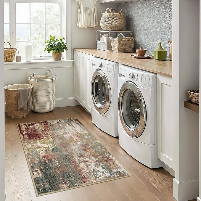 RELEANY Washable Area Rugs 3x4 Non-Slip Modern Abstract Soft for Living Room Entryway Bedroom Nursery, Print Pattern, Brown Rust Red Green Blue Multi