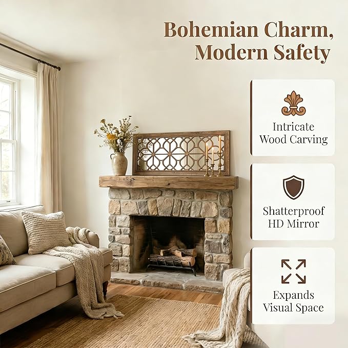 Set of 2 13x30 Inch Large Redbrown Shatterproof Carved Floral Wood Frame Wall Mirrors, Boho Farmhouse Rustic Accent Mirrors for Living Room Bedroom Bathroom & Home Decor